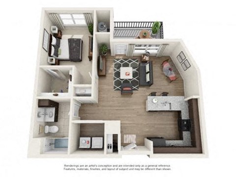Floor plan for 1 bed, 1 bath, 832 sqft
